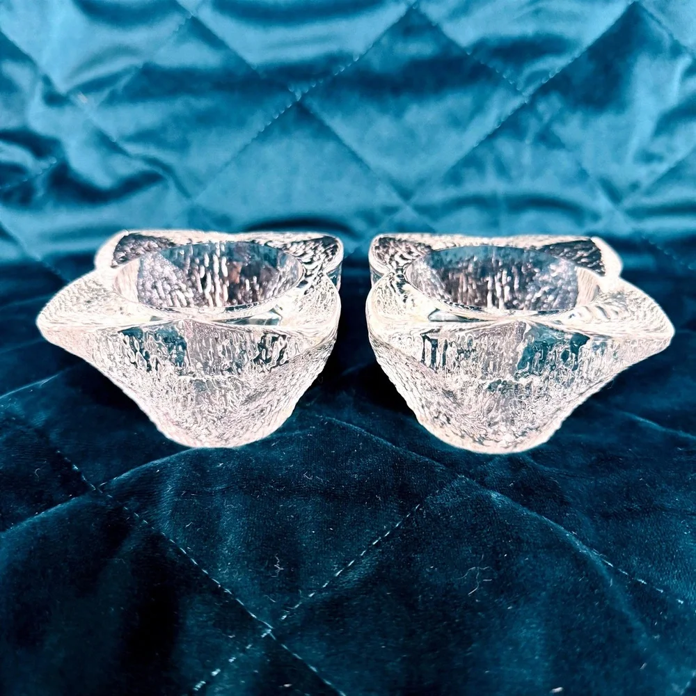 Vintage Ice Glass Candle Holders Pair Textured Clear MCM‎ Tealight Votive Cups